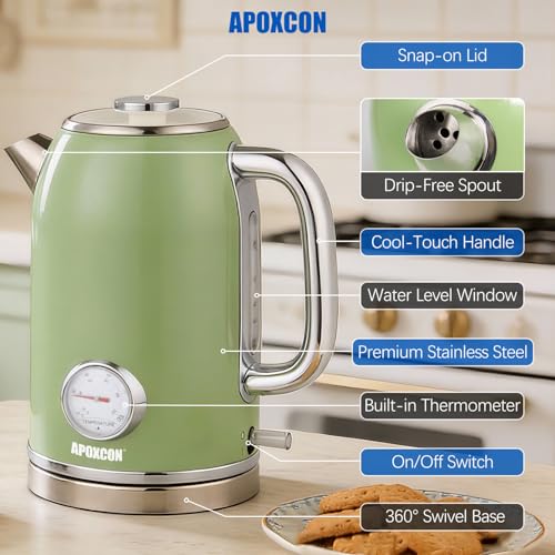 APOXCON Retro Electric Kettle with Thermometer, 1.8L Stainless Steel Tea Kettle, Fast Boiling Water Kettle with Auto Shut Off, BPA-Free, Green - color: Green