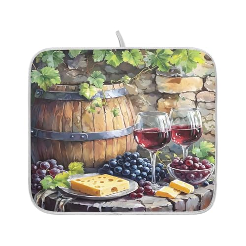 Red Wine Bottles Grapes Cheese Rustic Dish Drying Mats for Kitchen Counter Absorbent Microfiber Dish Drying Matt 16 x 18 Inch Draining Reusable Rack Pad - size: 16x18in