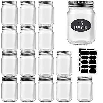 Rainforce 16 oz Mason Jars With Lids Regular Mouth 15 Pack-16oz Glass Jars with Silver Lids,Bulk Pint Clear Glass Jars For Meal Prep, Food Storage With 20 Labels - color: Silver
