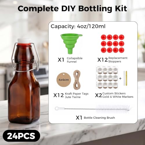 Ruckae Amber Square Swing Top Glass Bottles with Lids Kombucha Flip Top Glass Bottle for Coquito Syrup Vanilla Extract Brew Beer Kefir Air Tight Bottles for Gift (4oz 24pack) - size: 4oz 24pack