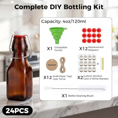 Ruckae Amber Square Swing Top Glass Bottles with Lids Kombucha Flip Top Glass Bottle for Coquito Syrup Vanilla Extract Brew Beer Kefir Air Tight Bottles for Gift (4oz 24pack) - size: 4oz 24pack