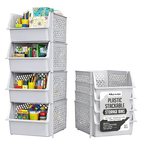 Stackable Storage Bins Open Front for Pantry Storage, 4 Pack - Light Grey | Sturdy Plastic, Easy Stacking, Open Front Access, Ventilated Sides, Vertical & Space Saving Pantry Organizers and Storage Bin - color: Light Grey, size: 4 Pack