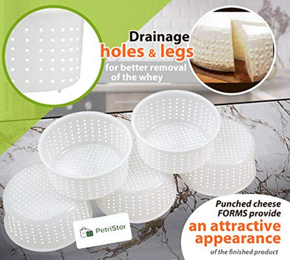 PetriStor 5 pcs Soft Cheese Mold for Cheese Making 0.8QT - Small Cheese Molds - Homemade Cheese Making Supplies - Cream Cheese Form Mold - Moldes Para Queso Fresco Casero - Feta Cheese Making Basket