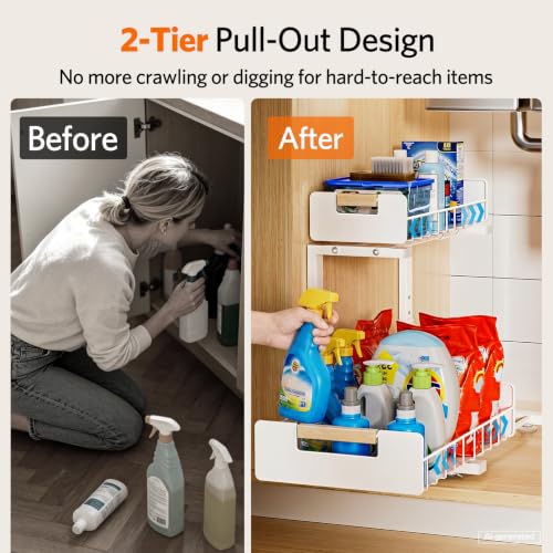 Delamu 2-Pack Under Sink Organizer, 2 Tier Pull out Under the Kitchen Sink Storage, Slide out Cabinet Organizer Shelf, Metal Sliding Drawer for Bathroom Pantry Closet Organization Rack, White