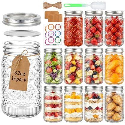 32 oz Wide Mouth Mason Jars with Lids and Bands, 12 Pack Quart Canning Jars, Clear Glass Jars for Pickling, Preserving, Meal Prep