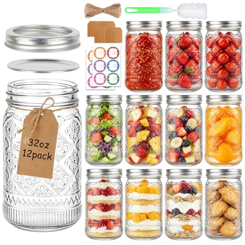 32 oz Wide Mouth Mason Jars with Lids and Bands, 12 Pack Quart Canning Jars, Clear Glass Jars for Pickling, Preserving, Meal Prep