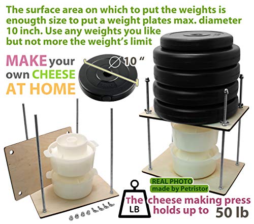 PetriStor Wooden Cheese Press for Cheese Making Supplies 12in Metal Guides 13in and 2 Cheese Mold with Follower Piston 1.3Qt - large Home Supply Ultimate Cheese Press Machine - Prensa Para Queso