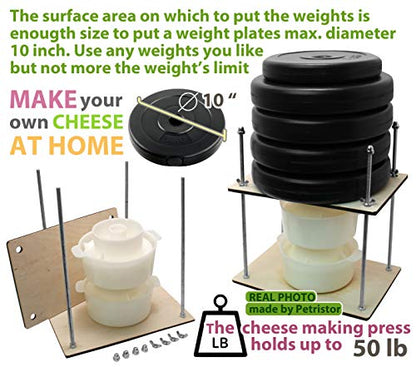 PetriStor Wooden Cheese Press for Cheese Making Supplies 12in Metal Guides 13in and 2 Cheese Mold with Follower Piston 1.3Qt - large Home Supply Ultimate Cheese Press Machine - Prensa Para Queso