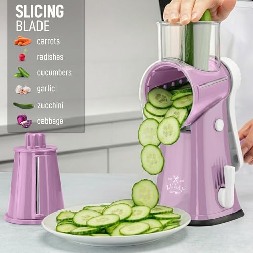 Zulay Kitchen Rotary Cheese Grater 5 Blade Cheese Shredder - Manual Hand Crank Cheese Grater With Reinforced Suction & 5 Interchangeable Drums - Easy to Use, Vegetable Chopper Round Mandoline Slicer - color: Pink and White