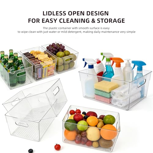 6 Pack Thick Clear Stackable Storage Bins, Cabinet Organizer, Plastiic Containers with Handle for Kitchens, Bathrooms and Fridge and Desktop