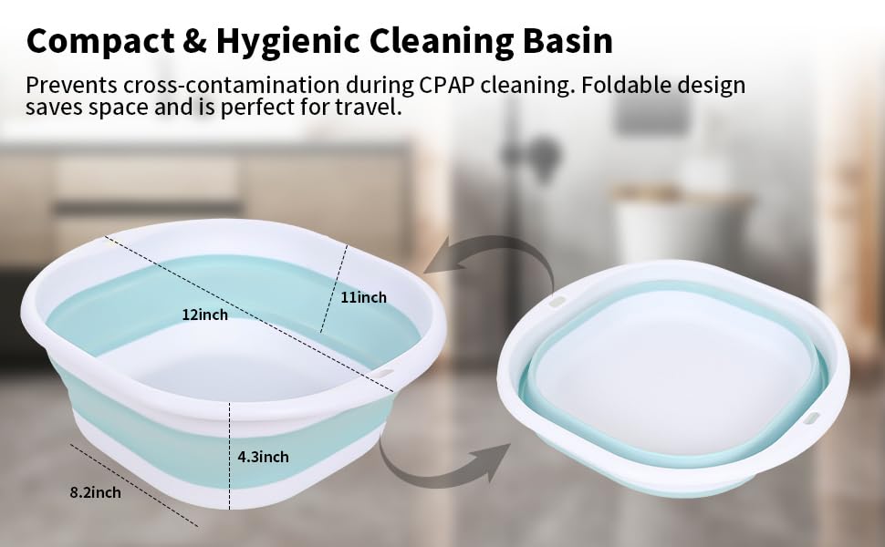 CPAP Cleaner Kit - Dedicated Basin & Flexible Tube Brush | CPAP cleaning kit: dedicated basin, long brush, drying hook, gloves & mask tool. BPA-free. Fits all tubing.