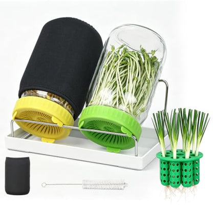 Seed Sprouting Kit - 2×32 Oz Wide-Mouth Mason Jars with Sprouter Lids, Stand, Sprout Tray & Light Shield, for Broccoli, Alfalfa, Mung Beans & Microgreens (Yellow + Green + Green Onion Regrower) - color: Yellow + Green + Green Onion Regrower