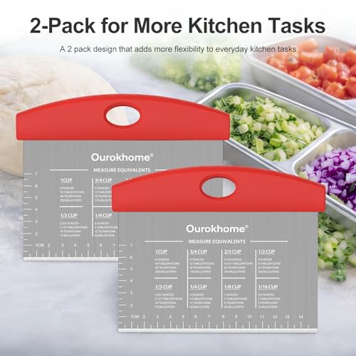 Ourokhome 2 Pack Bench Scraper Dough Cutter, Stainless Steel Dough Scraper with Laser-Etched Scale, Conversion Chart, Non-Slip Handle, Dishwasher Safe for Bread & Pastry, Red - color: Red