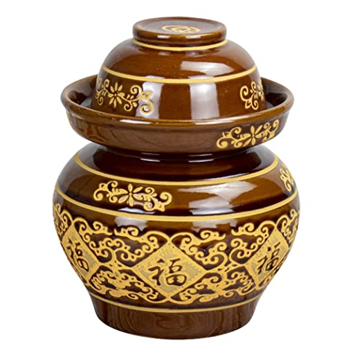 Brown Traditional Chinese Porcelain Pickle Jar, Thickened Ceramic Fermentation Crock Pickling Pot,Fermenting Jar with Water Seal Airlock Lid Stoneware Fermenter for 8KG - size: 8KG