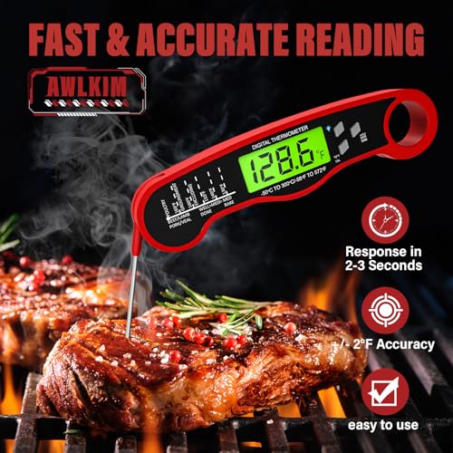 AWLKIM 2 Pack Meat Thermometer Digital, Instant Read Thermometer, Red | 2-pack grill and kitchen thermometers with backlit displays and magnetic storage - color: 2 Pack Red
