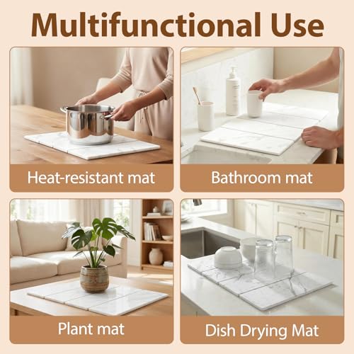 Large Stone Dish Drying Mat for Kitchen Counter,24"(L)×16"(W),Quick Dry Super Absorbent Drying Matt Kitchen Counter,Collapsible Diatomaceous Earth Dish Mats,for Dishes Bottles Cups,Any Countertop - color: White