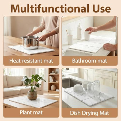 Large Stone Dish Drying Mat for Kitchen Counter,24"(L)×16"(W),Quick Dry Super Absorbent Drying Matt Kitchen Counter,Collapsible Diatomaceous Earth Dish Mats,for Dishes Bottles Cups,Any Countertop - color: White