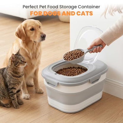 28 Lbs Dog Food Storage Container with Wheels, Collapsible Pet Food Storage Container with Clear Window, Measuring Cup & Scoop, BPA Free Cat Food Container for Rice, Flour, Grain, Bird Seed - color: Grey/28lbs