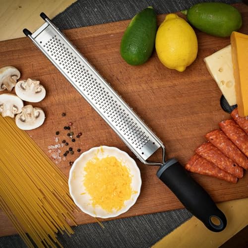 3 in 1 Cheese Grater Zester Citrus Lemon 304 Stainless Steel Zester Versatile Sharp Tool for Parmesan Cheese Ginger Garlic Nutmeg Chocolate Vegetables Fruits 15'' - color: L-Black