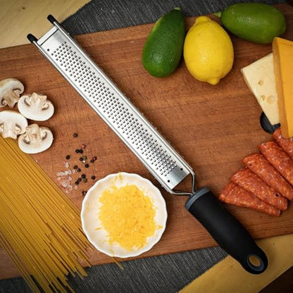 3 in 1 Cheese Grater Zester Citrus Lemon 304 Stainless Steel Zester Versatile Sharp Tool for Parmesan Cheese Ginger Garlic Nutmeg Chocolate Vegetables Fruits 15'' - color: L-Black
