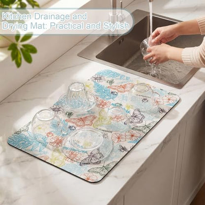 LemonRoad Dish Drying Mat for Kitchen Counter, 12"x20" Absorbent Coffee Bar Mat with Plant Butterflies Design, Fast-dry Diatomite Drainer Drying Mats with Non-slip Backing for Kitchen Sink Countertop - style: Plant Butterflies