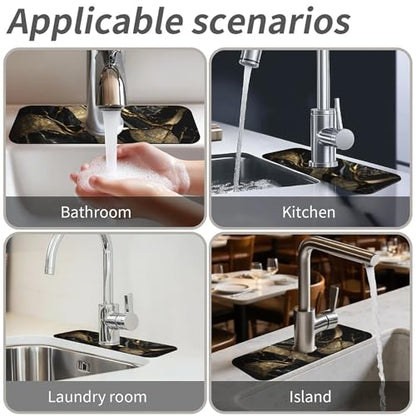 Kitchen Sink Splash Guard，Black and metallic gold marble Faucet Mat Sink Gadgets-Super Absorbent Fast Drying Mat Drip Catcher for Kitchen, Bathroom,Sink Mat, Dish Drying Mat, Bathroom(15" X 5.5" ) - color: Black and metallic gold marble