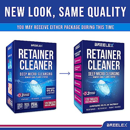 Breelex Retainer Cleaner Tablets for Dentures, Aligners & Night Guards – 120 Denture Cleaning Tablets, 3-Minute Deep Clean, Removes Plaque, Stains & Odor – FSA HSA Eligible