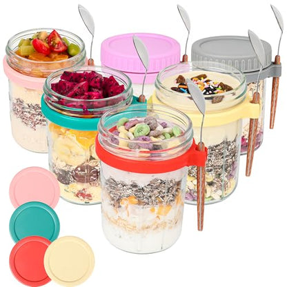 Xileanalee 6 Pack Overnight Oats Containers with Lids and Spoons-18 Oz Overnight Oats Jars Mason Jars for Chia Pudding Cereal Fruit Vegetable Milk Salad Yogurt Meal Prep - size: 6 Pcs