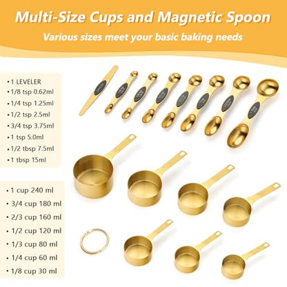 Magnetic Measuring Cups & Spoons Set for Cooking, 15pcs | 7 Gold Measuring Cups, 7 Double-Sided Measuring Spoons & 1 Leveler, Gold Baking Kitchen Gadgets for Dry & Liquid Ingredients