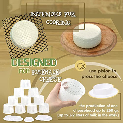 10 pcs Small Cheese Mold for Cheese Making with a Follower 1/3 QT - Cheddar Cheese Making Basket Kit - Homemade Cheese Making Supplies - Hard Cheese Form Molds - Moldes Para Queso Fresco Casero