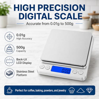 Digital Gram Scale 500g 0.01g Food Scale High Precision Kitchen Scale Multifunctional Stainless Steel Pocket Scale with Back-Lit LCD Display Tare PCS Features Silver