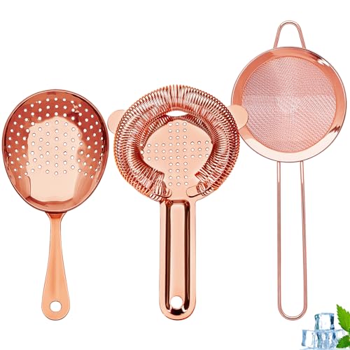 Cocktail Strainer-Stainless Steel Bar Tools Bartender Cocktail Strainer Set:Hawthorne Strainer,Julep Strainer and Conical Fine Mesh Strainer (Rose Gold) - color: Rose Gold