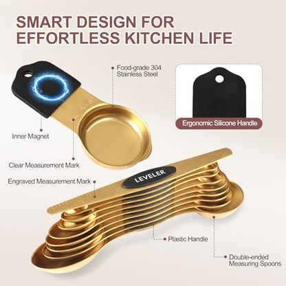 16-Piece Stainless Steel Measuring Cups and Spoons Set, Strong Magnetic Nesting Design 7 Cups 8 Spoons with Leveler, Double Measurement Markings for Dry & Liquid Ingredients, Gold - color: 16-Piece Gold