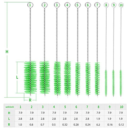 CiaraQ Bottle Cleaning Brushes, 8 Inch Nylon Tube Brush Set | Green Cleaner for Narrow Neck Bottles Cups with Hook, Set of 10pcs. - color: Green, size: 8.0 Inch (10pcs)