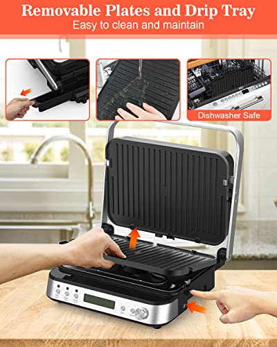 CATTLEMAN Panini Press Grill Sandwich Maker with Removable Plates, 1600W, 5 in 1 Smokeless Indoor Grill & Griddle with Meat Thermometer, Electric Contact Grills for Kitchen, Stainless Steel - color: Silver with Reversible Plates