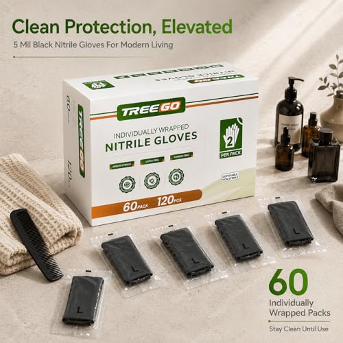TREEGO Black Individually Wrapped Nitrile Gloves Bundle, X-Large, 110 Pairs Total, Disposable 5 Mil Latex Free Powder Free Gloves for Commercial Food Prep, Catering, Restaurant, Bakery, Cleaning