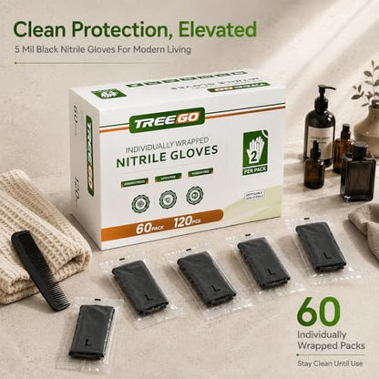 TREEGO Black Individually Wrapped Nitrile Gloves Bundle, X-Large, 110 Pairs Total, Disposable 5 Mil Latex Free Powder Free Gloves for Commercial Food Prep, Catering, Restaurant, Bakery, Cleaning