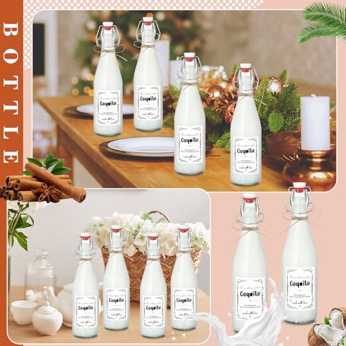 DoubleFill 8 Set Coquito Swing Top Glass Bottles 16 Oz Flip Top Brewing Bottles with Coquito Stickers Wine Airtight Caps for Home Party Milk Eggnog Kefir(Classic) - style: Classic