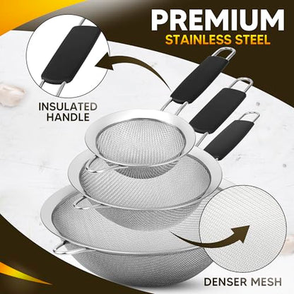 Set of 3 Fine Mesh Strainers for Kitchen | 3.4 inch, 5.5 inch and 7.9 inch Stainless Steel Strainer