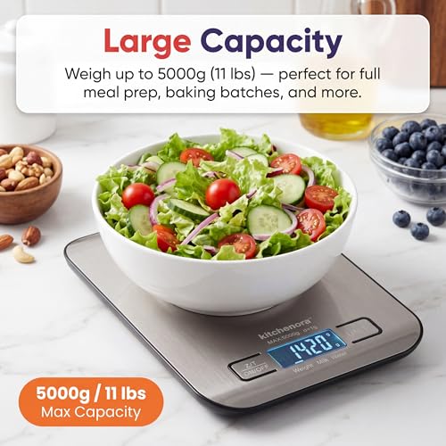 Digital Food Kitchen Scale, 11lb/5kg Capacity with 1g Precision, 5 Units (g/oz/lb:oz/ml/fl'oz), 304 Stainless Steel Surface, Backlit LCD, Tare Function for Cooking, Baking, Keto & Meal Prep