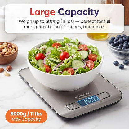 Digital Food Kitchen Scale, 11lb/5kg Capacity with 1g Precision, 5 Units (g/oz/lb:oz/ml/fl'oz), 304 Stainless Steel Surface, Backlit LCD, Tare Function for Cooking, Baking, Keto & Meal Prep
