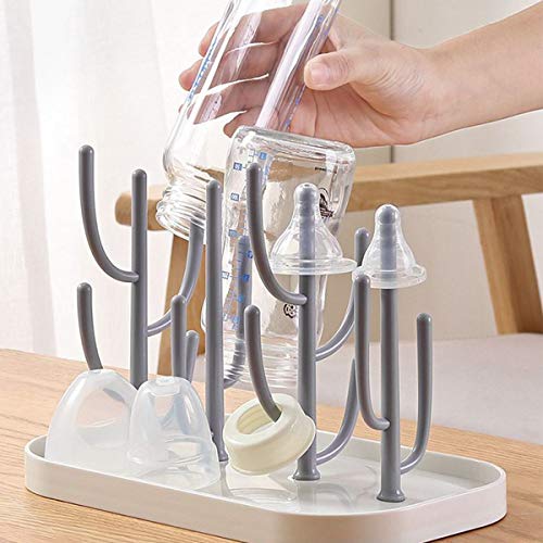 Baby Bottle Drying Rack with Base, Creative Tree Branch Baby Bottle Dryer Holder for Bottles, Teats, Cups, Pump Parts and Accessories (Gray)