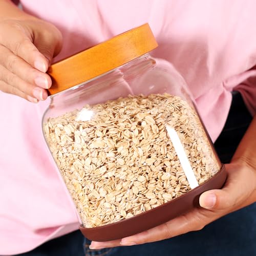 SAIOOL 2-Pack Striped Borosilicate Glass Airtight Canisters - Big mouth Large Capacity, Acacia Wood Lid, Food Storage Jars for Flour, Pasta, Pantry Organization (1/2 Gallon （Strew 2 pack）) - size: 1/2 Gallon (Strew 2 pack)