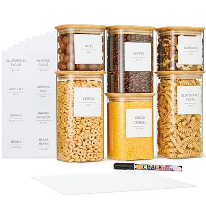 Talented Kitchen Square Glass Food Storage Containers - Airtight & Labeled Glass Kitchen Storage Containers - Space-Saving Stackable Square Pantry Jars - Pack of 6, 24/37/51 fl oz
