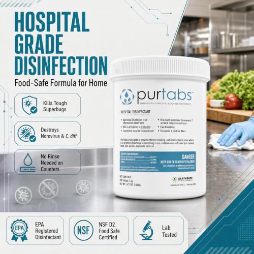 Disinfectant Tablets, NSF D2 Certified Food Safe, Hypochlorous Acid Commercial Kitchen & Surface Sanitizer, Kills Norovirus & C. Diff Spores, EPA Registered, 200 Count - size: 1 Count (Pack of 200)