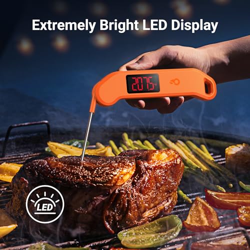 Professional Digital Meat Thermometer, 1 Sec Instant Read, ±0.5℉ Accuracy NIST&NSF Certified Food Thermometer, Auto-Rotate Bright LED Screen, Waterproof Cooking Thermometer for Grill BBQ, Orange - color: Orange