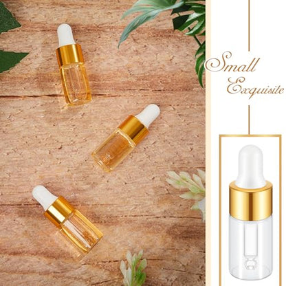 Didaey 200 Pcs 1/2/3/5/10/15 ml Mini Glass Oil Dropper Bottle Bulk, Clear Essential Small Empty Bottles Sample Containers Perfume Liquid Vials with Cap for Traveling (3 ml,Champagne Gold) - color: Champagne Gold, size: 3 ml