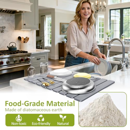 Large Stone Dish Drying Mat for Kitchen Counter, 24"(L)×16"(W), Collapsible Quick Dry Stone Dish Mats, Super Absorbent Diatomaceous Earth Drying Pad for Dishes Bottles Cups, Countertops (Light Grey) - color: Light Grey