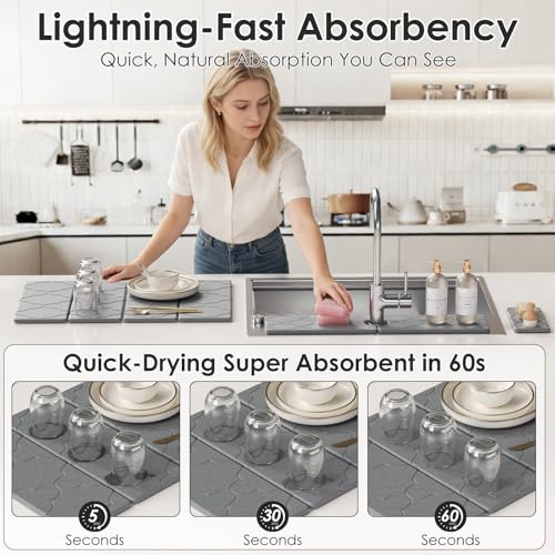 3 PCS Large Stone Dish Drying Mat for Kitchen Counter -24"x16" Absorbent Diatomaceous Earth Mat with Stone Faucet Mat & Soap Tray - Quick Dry, Collapsible, Non-Slip Countertop Organizer - color: Lantern carved patterns
