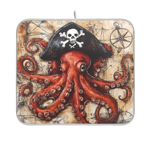 Octopus Pirate and Compass Dish Drying Mat for Kitchen Counter Drainer Rack Mats for Dishes Washable Absorbent Draining Heat Resistant Pad for Countertop 16 x 18 - color: Octopus Pirate and Compass, size: 16'' x 18''